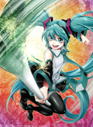 Rule 34 | 1girl, aqua eyes, aqua hair, artist name, boots, clenched hand, detached sleeves, hatsune miku, headset, kitano tomotoshi, long hair, motion blur, necktie, open mouth, skirt, solo, spring onion, thigh boots, thighhighs, twintails, very long hair, vocaloid