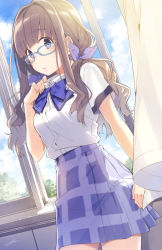 Rule 34 | 1girl, arm at side, arm support, bad id, bad pixiv id, blue-framed eyewear, blue bow, blue bowtie, blue skirt, blue sky, blush, booota, bow, bowtie, breasts, brown hair, buttons, cloud, collared shirt, cowboy shot, curtains, day, dress shirt, dutch angle, eyebrows, glasses, hair over shoulder, hot, indoors, long hair, looking at viewer, low twintails, medium breasts, miniskirt, original, plaid, plaid skirt, school uniform, shirt, short sleeves, sidelocks, signature, skirt, sky, solo, sweat, tree, twintails, white shirt, window