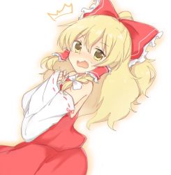 Rule 34 | ^^^, 1girl, bare shoulders, blonde hair, blush, bow, braid, caught, clenched hands, cosplay, d:, detached sleeves, embarrassed, fang, hair bow, hair tubes, hakurei reimu, hakurei reimu (cosplay), highres, japanese clothes, kirisame marisa, long hair, messy hair, miko, no bra, open mouth, rbtt, ribbon-trimmed sleeves, ribbon trim, side braid, single braid, skirt, skirt set, solo, surprised, sweat, touhou, vest, wavy mouth, yellow eyes