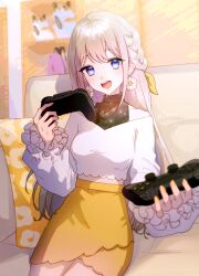 Rule 34 | 1girl, absurdres, blonde hair, blue eyes, breasts, commission, controller, couch, earrings, flower earrings, game controller, halterneck, highres, indie virtual youtuber, jewelry, long hair, medium breasts, nogikawa, off-shoulder shirt, off shoulder, open mouth, shirt, sitting, skeb commission, skirt, smile, solo, virtual youtuber, white shirt, yellow skirt, yuzuriha hinata