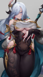 Rule 34 | 1girl, absurdres, black gloves, blue eyes, blush, bodysuit, braid, breasts, clothing cutout, covered navel, elbow gloves, genshin impact, gloves, haihai (skeleton), hair ornament, hair over one eye, highres, hip vent, large breasts, long hair, long sleeves, looking at viewer, low-braided long hair, low-tied long hair, nail polish, partially fingerless gloves, polearm, puffy long sleeves, puffy sleeves, shenhe (genshin impact), shoulder cutout, silver hair, solo, spear, tabard, tassel, thighs, underboob, very long hair, weapon