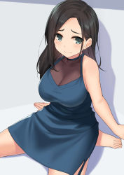 Rule 34 | 1girl, arm support, bad id, bad pixiv id, bare arms, bare legs, bare shoulders, barefoot, black hair, blue dress, blush, breasts, cccpo, cleavage, closed mouth, collarbone, commentary request, dress, grey eyes, highres, large breasts, long hair, looking at viewer, original, parted bangs, shadow, side slit, simple background, sitting, sleeveless, sleeveless dress, solo, wariza, white background