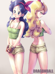 Rule 34 | 2girls, black hair, blonde hair, blush, breasts, butt crack, cleavage, copyright name, crossed arms, dragon ball, dual persona, eply, fingerless gloves, from behind, gloves, green eyes, highres, long hair, lunch (bad) (dragon ball), lunch (dragon ball), lunch (good) (dragon ball), medium breasts, midriff, multiple girls, navel, short shorts, shorts, wavy hair, white background