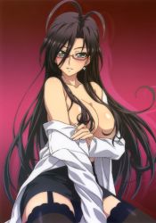 Rule 34 | 10s, 1girl, areola slip, black hair, blush, breasts, cleavage, female focus, glasses, gradient background, green eyes, hasegawa chisato, highres, large breasts, long hair, no bra, official art, open clothes, open shirt, shinmai maou no testament, shiny skin, shirt, solo, topless