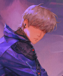 Rule 34 | 1boy, 1thousand9, blue jacket, bob cut, close-up, closed mouth, earphones, highres, jacket, looking at viewer, male focus, original, portrait, purple background, short hair, solo, turtleneck, white hair, wireless earphones, yellow eyes