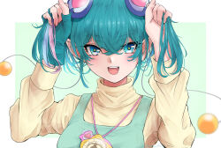 Rule 34 | 1girl, :d, aqua eyes, aqua hair, blush, dededeteiu, green background, hagoromo lala, hair between eyes, hair ornament, jewelry, long sleeves, looking at viewer, multicolored hair, open mouth, pendant, pink hair, precure, short hair, smile, solo, star-shaped pupils, star (symbol), star twinkle precure, sweater, symbol-shaped pupils, teeth, turtleneck, two-tone background, upper body, upper teeth only, white background, yellow sweater