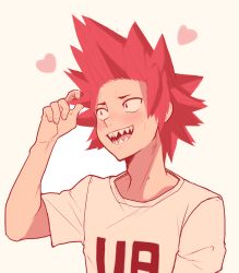Rule 34 | 10s, 1boy, blush, boku no hero academia, highres, kirishima eijirou, looking to the side, male focus, open mouth, red eyes, red hair, sally (luna-arts), sharp teeth, shirt, short sleeves, simple background, solo, spiked hair, sweat, teeth, upper body, white background, white shirt