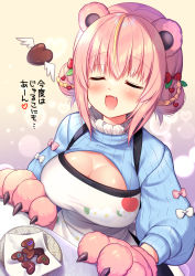 Rule 34 | 1girl, :d, animal ears, animal hands, apron, bear ears, black skirt, blonde hair, blue sweater, bow, breasts, candy, chocolate, chocolate heart, cleavage, cleavage cutout, closed eyes, clothing cutout, copyright request, double bun, drooling, facing viewer, fang, food, gloves, hair between eyes, hair bow, hair bun, hair ornament, heart, heart hair ornament, highres, holding, holding food, juliet sleeves, large breasts, long sleeves, multicolored hair, open mouth, paw gloves, pink bow, pink gloves, pink hair, puffy sleeves, red bow, ribbed sweater, ringo sui, saliva, skirt, smile, solo, streaked hair, sweater, translation request, valentine, virtual youtuber, white apron, white bow