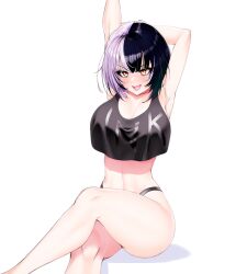 Rule 34 | 1girl, absurdres, armpits, arms behind head, arms up, black hair, black panties, black shirt, blush, breasts, cleavage, clothes writing, commentary, crop top, crop top overhang, crossed legs, english commentary, english text, feet out of frame, grey hair, highleg, highleg panties, highres, hololive, hololive english, large breasts, lower teeth only, multicolored hair, no pants, open mouth, panties, porougon, shadow, shiori novella, shirt, short hair, simple background, sitting, sleeveless, sleeveless shirt, smile, solo, split-color hair, stretching, teeth, two-tone hair, underwear, v-shaped eyebrows, virtual youtuber, white background, yellow eyes