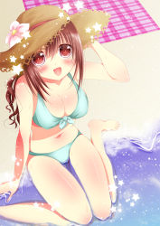 Rule 34 | 1girl, aqua bikini, arm support, bad id, bad pixiv id, barefoot, beach, bikini, blush, body blush, breasts, brown hair, cleavage, front-tie top, haruhi (under the honey shrine), hat, highres, ibuki haruhi, large breasts, long hair, looking at viewer, looking up, ocean, open mouth, original, outdoors, partially submerged, ponytail, red eyes, shiny skin, sitting, solo, swimsuit, thigh gap, wariza, water