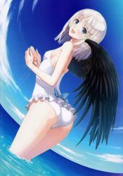 Rule 34 | 1girl, :d, absurdres, ass, bare shoulders, black wings, blue bow, blue eyes, blue sky, bow, breasts, casual one-piece swimsuit, cloud, cupping hands, day, dutch angle, eyebrows, feathered wings, fisheye, frilled swimsuit, frills, from behind, hair ornament, highres, horizon, legs together, looking at viewer, looking back, ocean, one-piece swimsuit, open mouth, outdoors, own hands together, panis angelicus, ripples, scan, shining (series), shining ark, sideboob, single wing, sky, small breasts, smile, solo, strapless, strapless one-piece swimsuit, swimsuit, thighs, tony taka, wading, water, wet, white hair, white one-piece swimsuit, wings