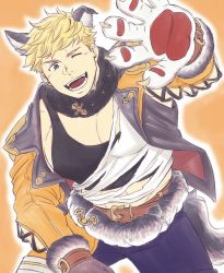 1boy animal_ears animal_hands bara belt black_pants black_tank_top blonde_hair brown_belt fur_collar gloves granblue_fantasy highres jacket large_pectorals male_focus muscular muscular_male official_alternate_costume one_eye_closed open_clothes open_jacket open_mouth orange_jacket pants paw_gloves pectorals porkjinta shirt short_hair smile solo tail tank_top torn_clothes torn_shirt vane_(granblue_fantasy) white_shirt wolf_boy wolf_ears wolf_tail