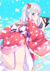 Rule 34 | 1girl, ass, azumi akitake, blue background, blue eyes, blush, bow, closed mouth, commentary request, drawing tablet, eromanga sensei, feet out of frame, floral print, flower, furisode, hair bow, hair flower, hair ornament, holding, holding stylus, izumi sagiri, japanese clothes, kimono, kneepits, legs, long hair, looking at viewer, looking back, low-tied long hair, lying, obi, on floor, on stomach, one side up, partial commentary, pink bow, red kimono, sash, silver hair, socks, solo, stylus, thighs, wide sleeves