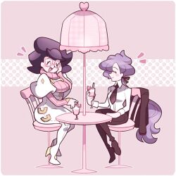 Rule 34 | 2girls, \||/, anabel (pokemon), big hair, black footwear, black necktie, black pants, blush, blush stickers, breasts, capelet, chair, closed eyes, collared shirt, creatures (company), cup, dotted background, drink, eyelashes, facing another, from side, game freak, glasses, gloves, hair ribbon, hand on own face, heart, highres, holding, holding cup, jacket, large breasts, long hair, long sleeves, loveycloud, multiple girls, necktie, nintendo, open mouth, outline, pants, pink-framed eyewear, pink background, pink sweater, pink umbrella, pokemon, pokemon sm, purple hair, ribbed sweater, ribbon, shirt, shoes, simple background, small breasts, smile, sweater, table, turtleneck, turtleneck sweater, umbrella, unworn jacket, white background, white footwear, white outline, white shirt, wicke (pokemon)