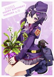 Rule 34 | 1girl, belt, belt bag, blue archive, boots, dated, flower pot, full body, garrison cap, hair between eyes, hair ornament, hairclip, haruka (blue archive), hat, holding, holding flower pot, medium hair, military, military hat, plant, purple background, purple eyes, purple hair, simple background, solo, stuffed toy, sweat