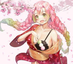 Rule 34 | 1girl, absurdres, bare shoulders, black bra, blush, bra, braid, breasts, cherry blossoms, cleavage, collarbone, commentary, dango, food, gradient hair, green eyes, green hair, highres, holding, holding food, japanese clothes, kanroji mitsuri, kian, kimetsu no yaiba, kimono, large breasts, long hair, long sleeves, looking at viewer, mole, mole under eye, multicolored hair, off shoulder, open mouth, pink hair, red kimono, resolution mismatch, smile, solo, source smaller, two-tone hair, underwear, wagashi