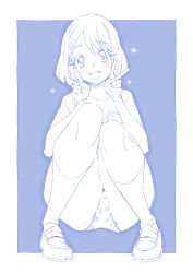 Rule 34 | 1girl, :d, blue theme, blush, bra, crotch seam, double v, double vertical stripe, hair ornament, hairclip, healin&#039; good precure, highres, lace, lace-trimmed bra, lace trim, loafers, looking at viewer, miyagoe yoshitsuki, monochrome, open mouth, outside border, panties, precure, print panties, shoes, short hair, smile, socks, solo, spot color, standing, swept bangs, underwear, underwear only, v