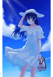 Rule 34 | 1girl, absurdres, bare shoulders, blue hair, cloud, cowboy shot, dress, hair between eyes, hand on headwear, hat, highres, holding, holding clothes, holding footwear, jewelry, long hair, looking at viewer, love live!, love live! school idol project, necklace, sandals, unworn sandals, shoes, unworn shoes, sky, smile, solo, sonoda umi, sun hat, sundress, swept bangs, white dress, yellow eyes