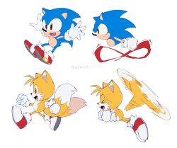 Rule 34 | 2boys, :d, bad id, bad twitter id, closed eyes, fang, full body, furry, furry male, gloves, highres, multiple boys, multiple tails, multiple views, open mouth, re30103, running, shoes, simple background, smile, sneakers, sonic (series), sonic the hedgehog, sonic the hedgehog (classic), sweat, tail, tails (sonic), two tails, white background, white gloves