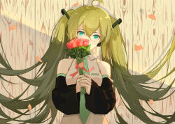 Rule 34 | 1girl, bare shoulders, black sleeves, blue eyes, bouquet, breasts, collared shirt, commentary request, detached sleeves, eyebrows hidden by hair, fence, flower, green hair, green nails, green necktie, hair between eyes, hatsune miku, holding, holding bouquet, long hair, long sleeves, nail polish, necktie, petals, red flower, red rose, rose, shirt, sleeveless, sleeveless shirt, sleeves past wrists, small breasts, solo, taka (0taka), twintails, upper body, very long hair, vocaloid, white shirt, wide sleeves, wooden fence