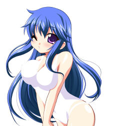 Rule 34 | arin, blue hair, blush, breasts, breasts squeezed together, casual one-piece swimsuit, chirorian, large breasts, leaning forward, long hair, lowres, one-piece swimsuit, one eye closed, pangya, purple eyes, simple background, solo, swimsuit, wink