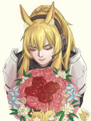 Rule 34 | 1girl, absurdres, animal ear fluff, animal ears, arknights, armor, blemishine (arknights), blonde hair, blue flower, bouquet, closed eyes, commentary, flower, headset, highres, implied extra ears, long hair, mlynar (arknights), nearl (arknights), nitric acid (nitrate2002), pauldrons, pink flower, pink rose, red flower, red rose, rose, shoulder armor, simple background, solo, upper body, whislash (arknights), white flower, yellow background