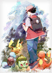 Rule 34 | 1boy, absurdres, backpack, bag, black bag, black hair, blue pants, bright pupils, brown eyes, bulbasaur, charmander, closed eyes, closed mouth, creatures (company), dated, fangs, from behind, game freak, gen 1 pokemon, highres, holding, holding poke ball, jacket, katatsumuri 72, light particles, male focus, nintendo, open mouth, pants, path, pikachu, poke ball, poke ball (basic), pokemon, pokemon (creature), pokemon rgby, red (pokemon), red eyes, red footwear, red headwear, red jacket, road, short hair, short sleeves, smile, squirtle, twitter username, white pupils