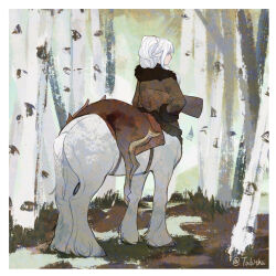 Rule 34 | 1girl, animal ears, artist name, ass, braid, brown jacket, centaur, commentary, deer, forest, from behind, fur-trimmed jacket, fur trim, highres, holding, hooves, horse ears, horse tail, jacket, long hair, long sleeves, monster girl, multiple legs, nature, original, pointy ears, ponytail, saddle, solo, standing, tabitha qu, tail, taur, white hair
