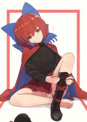 Rule 34 | absurdres, barefoot, black footwear, black shirt, blue bow, blue cape, boots, bow, bright pupils, cape, commentary request, commission, cross-laced footwear, full body, hair bow, highres, knee boots, long sleeves, panties, pantyshot, pixiv commission, pleated skirt, red cape, red eyes, red hair, red skirt, sekibanki, senzaicha kasukadoki, shirt, short hair, single boot, sitting, skirt, solo, touhou, two-sided cape, two-sided fabric, tying footwear, underwear, unworn boot, unworn boots, white background, white panties, white pupils