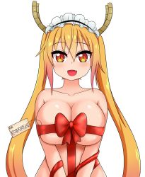 Rule 34 | 1girl, absurdres, blonde hair, bound, bow, breasts, dragon girl, english text, eyes visible through hair, fang, gradient hair, highres, horns, kobayashi-san chi no maidragon, large breasts, maid headdress, multicolored hair, naked ribbon, nude, open mouth, red eyes, ribbon, ribbon bondage, simple background, slit pupils, solo, standing, the only shoe, tohru (maidragon), twintails, white background