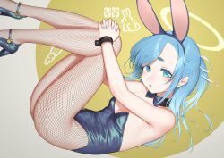 Rule 34 | 1girl, animal ears, ass, bare shoulders, blue eyes, blue footwear, blue hair, blue nails, bow, bowtie, breasts, fake animal ears, fishnet pantyhose, fishnets, gishu, high heels, hikimayu, leotard, long hair, looking at viewer, original, pantyhose, parted lips, playboy bunny, ponytail, rabbit ears, small breasts, solo, wrist cuffs