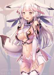 Rule 34 | 10s, 1girl, 2016, animal ears, bare shoulders, blush, breasts, fang, female focus, gloves, hair ribbon, happy new year, headgear, highres, large breasts, long hair, midriff, navel, new year, open mouth, original, pink eyes, ribbon, solo, tail, tougetsu gou, underboob, white gloves, white hair, white legwear