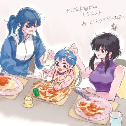 Rule 34 | 1boy, 2girls, baby, bib, black hair, blue hair, broccoli, child, chopsticks, commission, commissioner upload, eating, family, father and daughter, fire emblem, fire emblem: genealogy of the holy war, food, food on face, fork, highres, if they mated, larcei (fire emblem), mother and daughter, multiple girls, napkin, nintendo, noodles, pasta, plate, ponytail, purple tunic, seliph (fire emblem), sidelocks, smile, spaghetti, ta dasu (tadasu hayashi), table, tunic