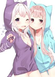 Rule 34 | 2girls, abe suke, absurdres, ahoge, animal ears, animal hood, blue jacket, blush, breasts, cat ears, cat girl, cat hood, cat tail, closed mouth, collarbone, commentary request, drawstring, eyebrows hidden by hair, fang, fingernails, hand up, heart, highres, hood, hood up, hooded jacket, jacket, light brown hair, long hair, multiple girls, one eye closed, open mouth, original, purple eyes, purple jacket, red eyes, small breasts, sweat, tail, wavy mouth, white background, white hair