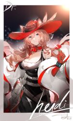 Rule 34 | 1girl, absurdres, animal ears, arknights, belt, black dress, blue eyes, breasts, brown hair, cat ears, cat girl, choker, cleavage, dress, ears through headwear, flower, gloves, hat, heidi (arknights), highres, holding, holding flower, infection monitor (arknights), large breasts, long hair, luan teng, parted lips, revision, rose, solo