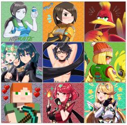 Rule 34 | 6+girls, :d, ;), absurdres, alex (minecraft), arms (game), banjo-kazooie, bayonetta, bayonetta (series), bayonetta 2, beak, beanie, blue eyes, blush, bottle, braid, breasts, byleth (female) (fire emblem), byleth (fire emblem), closed mouth, clothes writing, commentary, crossed arms, english commentary, english text, fingerless gloves, fire, fire emblem, fire emblem: three houses, fire, flying sweatdrops, glasses, gloves, green eyes, green hair, hat, heart, highres, index finger raised, kazooie (banjo-kazooie), long hair, looking at viewer, mask, mii (nintendo), mii gunner, mii gunner (smash ultimate), min min (arms), minecraft, mole, mole under mouth, multiple girls, mythra (massive melee) (xenoblade), mythra (xenoblade), nintendo, notice lines, nude, ojou-sama pose, one eye closed, open mouth, orange hair, pale skin, pickaxe, pixel heart, pixelated, low poly, ponytail, pyra (xenoblade), red eyes, sarukaiwolf, short hair, smile, sothis (fire emblem), star (symbol), super smash bros., sweatdrop, thumbs up, tiara, towel, towel around neck, twin braids, water bottle, wii fit, wii fit trainer, wii fit trainer (female), xenoblade chronicles (series), xenoblade chronicles 2, yellow eyes
