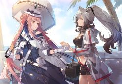 Rule 34 | 2girls, animal ears, arknights, bag, black shirt, black shorts, blue dress, blue feathers, breasts, cat ears, ceylon (arknights), crop top, day, dress, duffel bag, eihi, feather hair, feathers, gloves, grey hair, hair bun, hair ornament, holding, holding hands, jacket, large breasts, long hair, looking at another, midriff, multiple girls, orange eyes, outdoors, pink hair, ponytail, scarf, schwarz (arknights), see-through, shirt, short shorts, shorts, single hair bun, sunlight, umbrella, very long hair, white gloves, white headwear, white jacket, yellow eyes