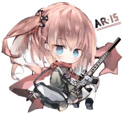Rule 34 | 1girl, ar-15, bag, black footwear, black jacket, blue eyes, blush, boots, brown hair, character name, chibi, closed mouth, commentary request, full body, girls&#039; frontline, gun, hair ornament, holding, holding gun, holding weapon, jacket, kotatu (akaki01aoki00), looking at viewer, looking back, name connection, neck ribbon, object namesake, red ribbon, red scarf, ribbon, rifle, scarf, shoe soles, shoulder bag, simple background, solo, st ar-15 (girls&#039; frontline), thighhighs, twintails, weapon, white background, white thighhighs