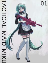 Rule 34 | 1girl, absurdres, alternate costume, apron, battle rifle, black dress, black footwear, black thighhighs, blue eyes, boots, commentary, dress, english commentary, enmaided, flat chest, full body, gloves, green hair, grenade launcher, grin, gun, hatsune miku, high heels, highres, holding, holding gun, holding weapon, long hair, maid, maid apron, over-kneehighs, rifle, smile, solo, suppressor, thigh boots, thighhighs, trigger discipline, twintails, underbarrel grenade launcher, vertigris, very long hair, vocaloid, weapon, white apron, white footwear, white gloves, zettai ryouiki