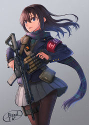 Rule 34 | 1girl, armband, artist name, bad id, bad pixiv id, black hair, black pantyhose, blue eyes, blush, dreadtie, eyebrows, green neckwear, grey skirt, gun, highres, holding, holding gun, holding weapon, long hair, long sleeves, looking at viewer, original, pantyhose, parted lips, purple scarf, scarf, skirt, smile, solo, weapon