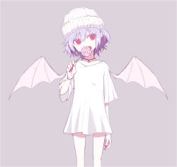Rule 34 | 1girl, alternate costume, bad id, bad twitter id, bat wings, beanie, breasts, candy, choker, commentary, cross, food, grey background, hair between eyes, hat, head tilt, holding, lollipop, long hair, moi2m3, nail polish, pointy ears, red eyes, red nails, remilia scarlet, shirt, simple background, solo, standing, touhou, white hat, white shirt, wings