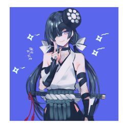 Rule 34 | 1girl, arm wrap, bare shoulders, blue background, blue hair, border, closed mouth, cowboy shot, eyepatch, fate/grand order, fate (series), fishnet armwear, hair ribbon, japanese clothes, katagiri (mighty swing), kuji-in, looking at viewer, low twintails, mochizuki chiyome (third ascension) (fate), ninja, purple eyes, ribbon, rope, shimenawa, shuriken, simple background, smile, solo, tassel, twintails, weapon, weapon on back, white border, white ribbon