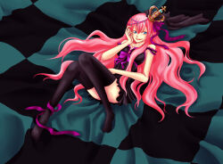 Rule 34 | 1girl, blue eyes, crown, full body, grin, lingerie, long hair, looking at viewer, lying, megurine luka, ox84xo, pink hair, purple ribbon, ribbon, smile, smirk, solo, underwear, very long hair, vocaloid, world is mine (vocaloid)