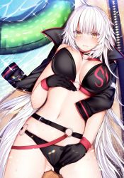 Rule 34 | 1girl, bikini, blush, breasts, breasts apart, fate/grand order, fate (series), gloves, gluteal fold, highres, innertube, jeanne d&#039;arc alter (swimsuit berserker) (fate), jeanne d&#039;arc (fate), jeanne d&#039;arc alter (fate), jeanne d&#039;arc alter (swimsuit berserker) (fate), katana, large breasts, lying, mairudo (mildcoffee1117), navel, on back, partially visible vulva, selfie, solo, swim ring, swimsuit, sword, weapon, white hair, yellow eyes