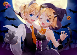 Rule 34 | &gt;:d, 1boy, 1girl, :d, animal ears, bat (animal), blonde hair, blue eyes, bow, cat ears, cat tail, claw pose, collared shirt, detached collar, dress, fang, full moon, gloves, graveyard, halloween, hat, jack-o&#039;-lantern, kagamine len, kagamine rin, moon, natsu (natume0504), necktie, one eye closed, open mouth, ponytail, shirt, short hair, smile, tail, v-shaped eyebrows, vest, vocaloid, wand, white shirt, witch hat, wolf ears, wolf tail, wrist cuffs