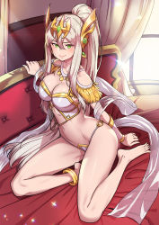 Rule 34 | 1girl, anklet, barefoot, bed, bikini, bracelet, breasts, bustier, closed mouth, commission, curtains, dungeon and fighter, female gunner (dungeon and fighter), gem, gold, gold trim, green eyes, hair between eyes, headgear, headpiece, high ponytail, highres, indoors, jewelry, kim jin sung, large breasts, long hair, looking at viewer, navel, necklace, o-ring, o-ring bikini, ponytail, revealing clothes, sitting, solo, swimsuit, very long hair, white bikini, white hair