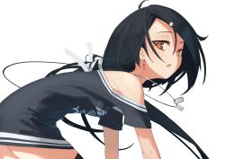 Rule 34 | 1girl, azur lane, black hair, black thighhighs, breasts, cassin (azur lane), commentary request, cross, cross earrings, dog tags, earrings, from side, hair between eyes, half-closed eyes, highres, jewelry, leaning forward, long hair, looking at viewer, low ponytail, mole, mole under eye, off shoulder, open mouth, parted lips, shirt, simple background, small breasts, solo, swept bangs, t-shirt, thighhighs, white background, yellow eyes, yohia
