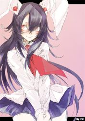 Rule 34 | animal ears, blush, long hair, looking to the side, messy hair, necktie, own hands clasped, own hands together, pink background, purple hair, purple skirt, rabbit ears, red eyes, red necktie, reisen udongein inaba, shirt, sidelocks, signature, skirt, smile, solo, touhou, tsuru (nekopanchi), white shirt