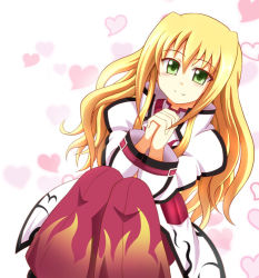 Rule 34 | 1girl, azumaya hironaru, blonde hair, green eyes, heart, light smile, long hair, long sleeves, lyrical nanoha, mahou shoujo lyrical nanoha, mahou shoujo lyrical nanoha a&#039;s, mahou shoujo lyrical nanoha a&#039;s portable: the gears of destiny, own hands clasped, own hands together, pants, puffy sleeves, solo, yuri eberwein, wide sleeves