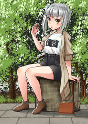 Rule 34 | 1girl, alternate costume, black shorts, blue bra, bra, brown coat, brown eyes, brown footwear, casual, coat, commentary request, full body, grey hair, kantai collection, kasumi (kancolle), long hair, looking at viewer, mayura (lucadia), see-through, shirt, shorts, side ponytail, sitting, solo, suitcase, tree, underwear, white shirt